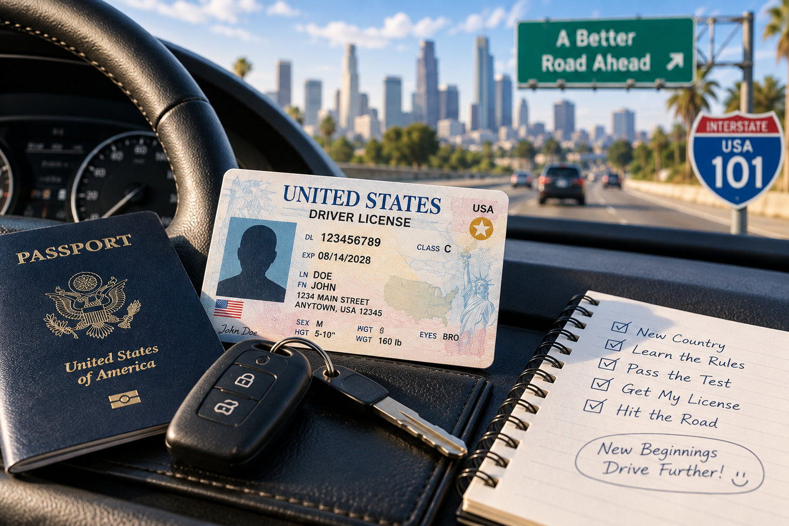 American driver's license + car keys + steering wheel + U.S. road