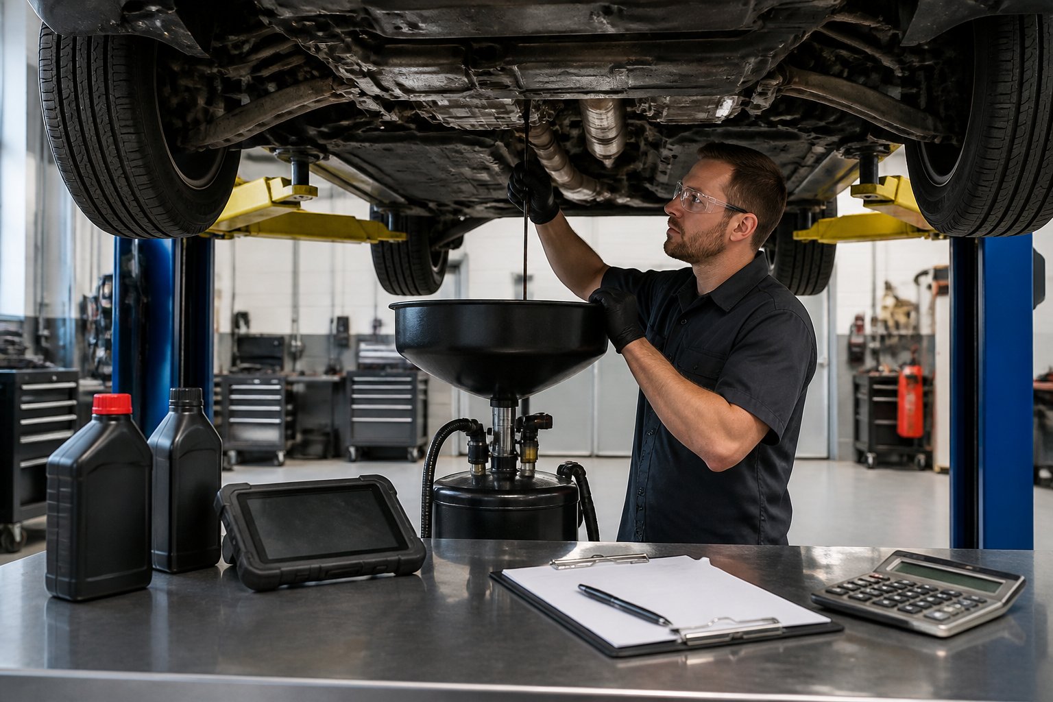 A mechanic services the transmission of a vehicle raised on a lift in an automotive repair shop.