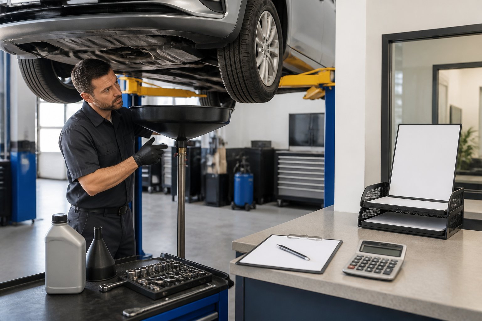 A mechanic services a vehicle's transmission in a clean automotive repair shop.