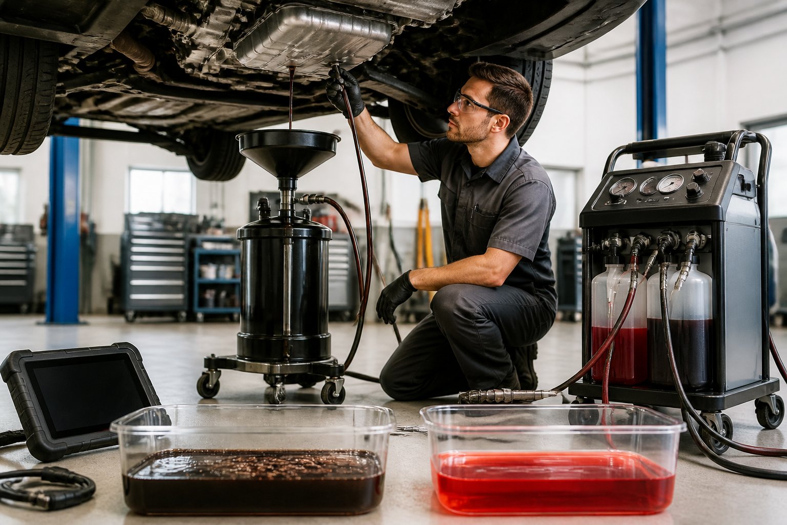 A mechanic services a vehicle transmission beside containers of used and fresh fluid in an automotive repair bay.